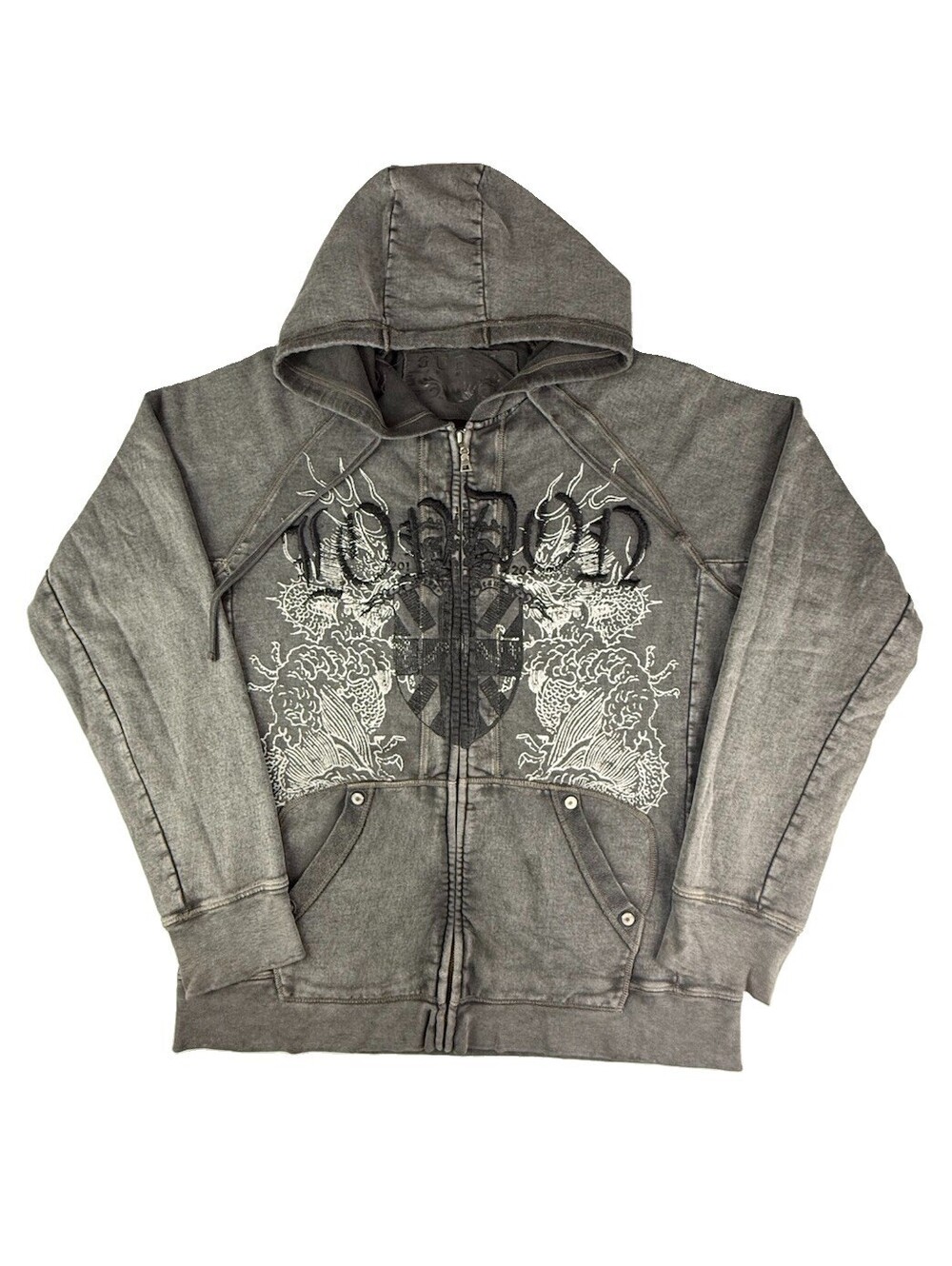 Guess Premium Hoodie Mens XL Gray Y2K Cyber Grunge Embroidered Full Zip Jacket